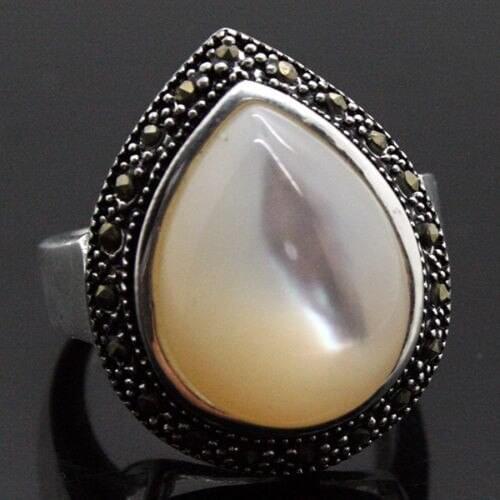 Unsex 25*20mm RARE NATURAL WHITE SHELL GEMS MARCASITE RING SIZE 7 8 9 10# Genuine Handmade Women Gift word 925
