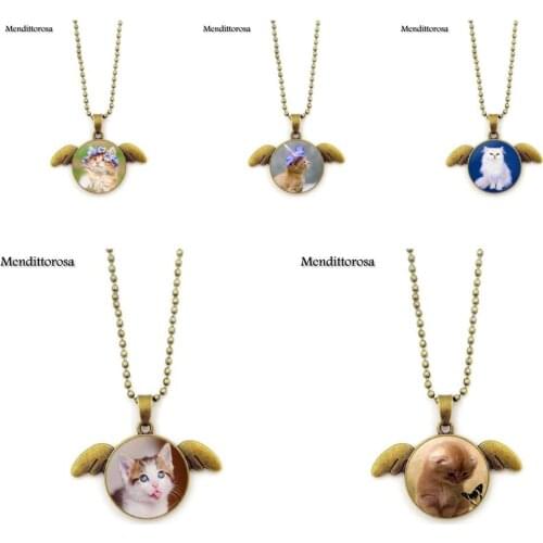 Mendittorosa Fashion Bronze Plated Glass Cabochon Statement Angel Wings Pendant Necklace For Women Cute Small Cat