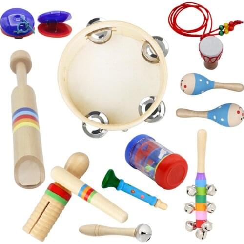 10pcs/set Orff Wooden Musical Instrument Set Hand Tambourine Rain Sound Tube Flute Rattle Barbell Maracas Necklace Castanet