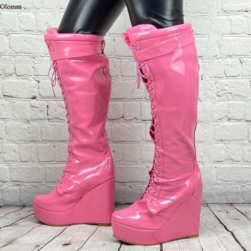 Olomm Women Winter Knee High Boots Sexy Wedges High Heels Round Toe Gorgeous 10 Colors Club Wear Shoes Women Plus US Size 5-20