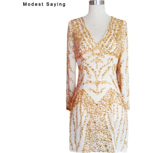 Gold and Champagne Straight V Neck Beaded Long Sleeve Short Cocktail Dresses 2017 Mini Party Prom Gowns robe de cocktail YC25