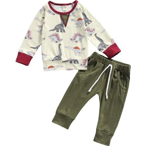 0-24M Newborn Baby Boy Long Sleeve Dinosaur Pullover T-shirt Tops Long Pant Trouser 2PCS Autumn Clothes Set