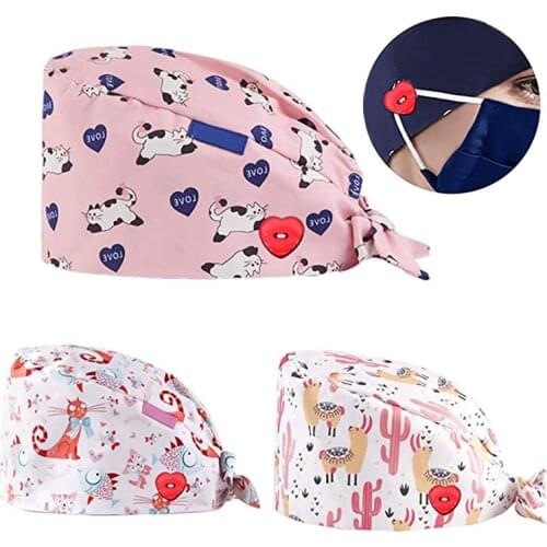 New Cartoon Animal Print Nurse Cap Hand Surgery Multicolor Nurse Scrub Cap Cotton Pharmacy Gourd Hat Dental Headband Unisex