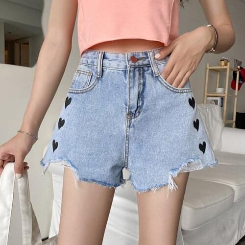 Trendy New Summer Women High Waist Loose Heart Print Tassel Denim Shorts Retro Streetwear Female Wide Leg Blue Jeans Shorts