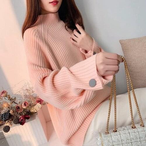 Sweater Casual Turtleneck 2021 New Fashion Loose Button Lazy Wind Knit Autum Spring Female Sweaters Vestidos LXJ842