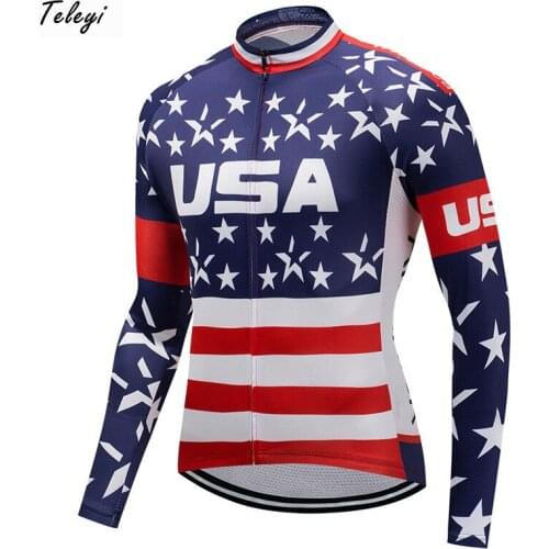 Teleyi USA Team Racing Sport Cycling Clothing Long Sleeve Autumn Cycling Jersey Top Ropa Ciclismo Road mtb Bicycle Bike Jersey