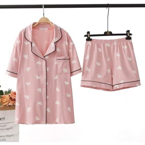 Plus Pijama 4XL 5XL Women Hearts Prints Pyjamas Short Sleeve Shorts Sleepwear Cotton Home Clothes Pink Pajamas
