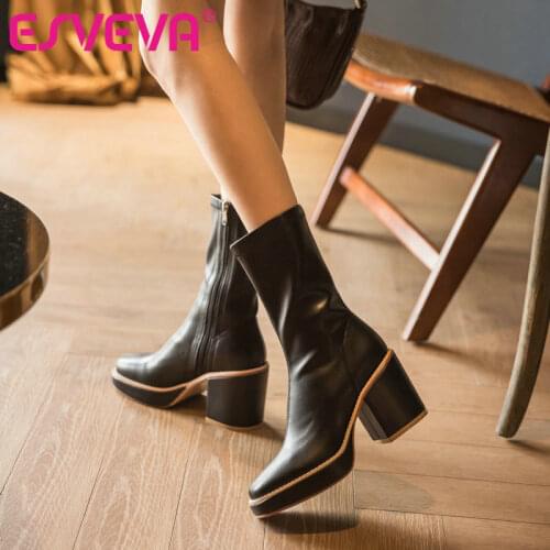 ESVEVA 2021 Cow Leather Ankle Boots Women Boots Winter Women Shoes Round Toe All Match Heel Zipper Boots Big Size 34-43