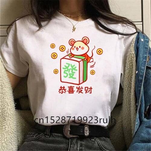 Women Mahjong Cartoon Print T-shirt Harajuku Summer Tshirts Casual Round Neck T Shirt Short Sleeves Tops Tees Funny Clothes