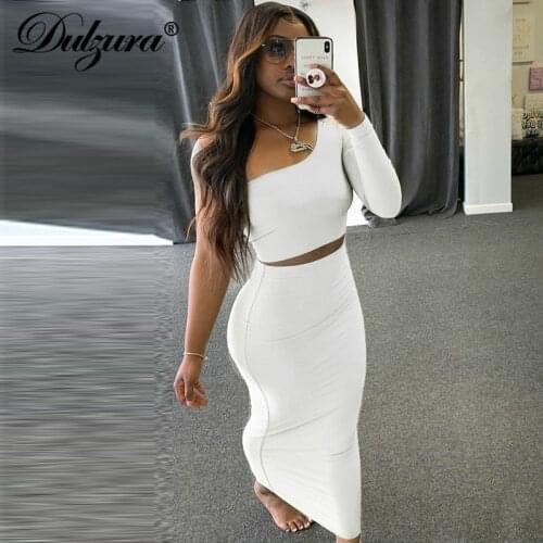 Dulzura Women Two Piece Set Crop Top Long Sleeve One Shoulder Elegant Midi Skirt Bodycon Sexy Streetwear Autumn Winter Matching