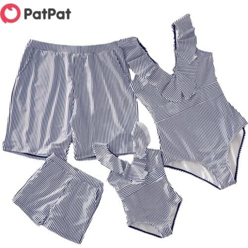 PatPat 2021 New Arrival Summer V-neck Flounce Striped Print Matching Family Swimsuits Family Look One-piece Matching Swimwear