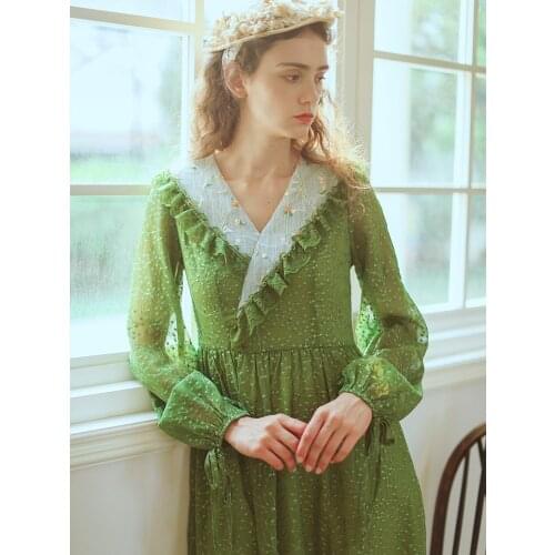 Green Dress Spring Summer Women Vintage Elegant Slim Exquisite Embroidery Lace V-Neck Cotton Long Dress ropa mujer talla grande