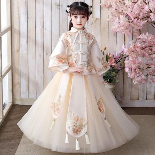 Winter Girls Chinese Hanfu Girl Birthday Party Dress Baby Think Flower Wedding Gown Formal Kids Dresses Girls New Years Dress