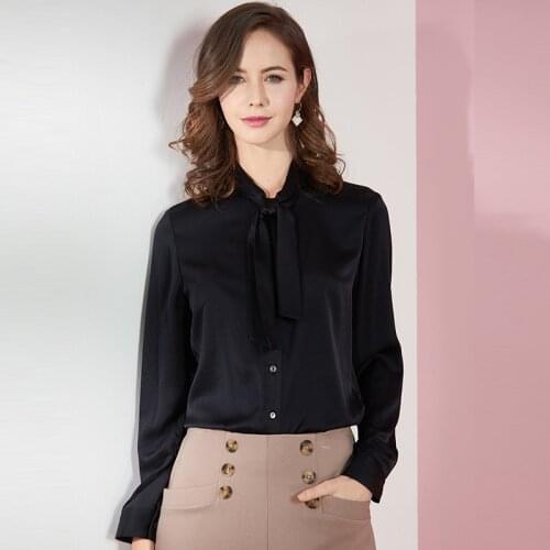 100%real silk boulses for women high quality 2020 summer black satin face bowtie office shirts long sleeve casual sexy plus size