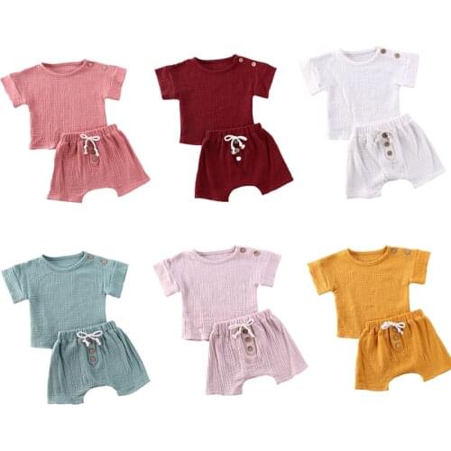 2020 Baby Summer Clothing Infant Newborn Baby Girls Solid Cotton Linen Clothes Set Short Sleeve Tops Shirt Shorts Bottoms 2Pcs
