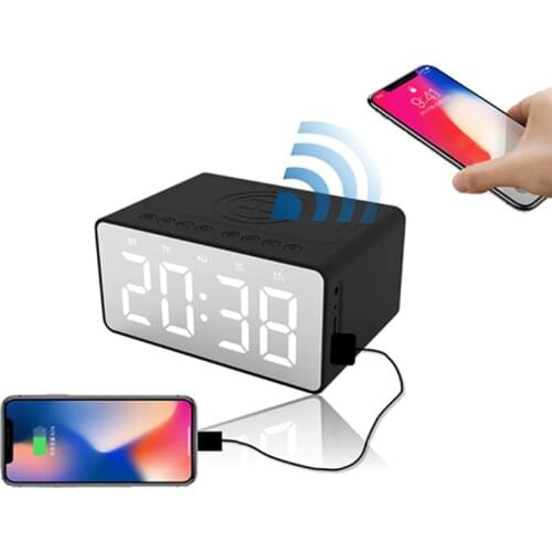 2019 HD Mirror Wireless Charging Speaker LED Portable Sound Box Alarm Clock Power Bank 3 in 1 TF AUX Speaker for Phone Charging