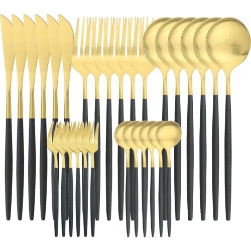 6People Knife Cake Fork Tea Spoon Dinnerware Stainless Steel Flatware Matte Black Gold Cutlery Set Kitchen Silverware Tableware