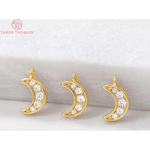 6PCS 5x9MM Hole 1MM 24K Gold Color Plated Brass with Zircon Moon Charms Pendants High Quality Diy Jewelry Accessories