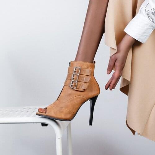 Womens Fashion Summer Boots Open Toe Comfortable High Heel Sandals Zipper Belt Buckle Casual High Heel Summer Ankle Boots 32-48