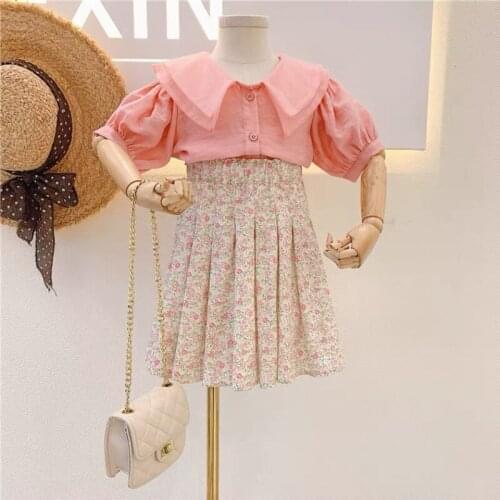 Childrens Wear 2021 Summer New Girl Sweet Organza Ruffled Cuff Shirt Floral Pleated Skirt3Y-7Y Toddler Girl Outfits Girls Sets