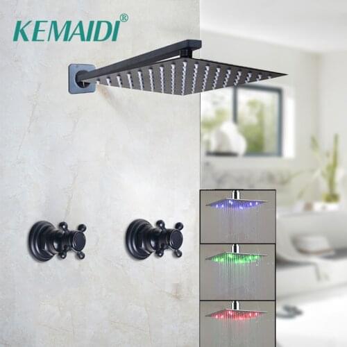 KEMAIDI LED Black Bathroom Shower Faucet With Shower Arm Black Shower Set Bathroom Bathtub Rainfall Square Shower Head Faucet