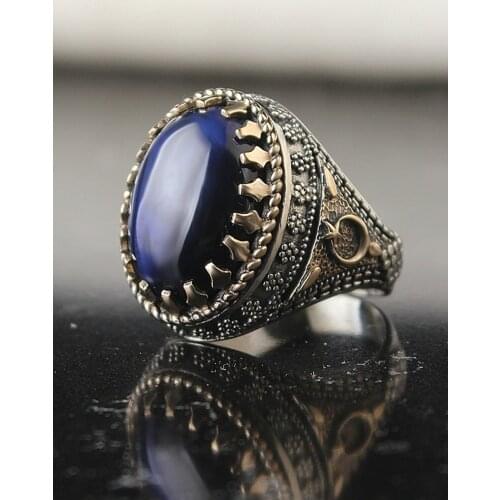 925 Sterling Silver Mens Ring with Blue Tiger Eye Stone and Crescent and Star Embroidered Souvenirs for Men Design Jewelry