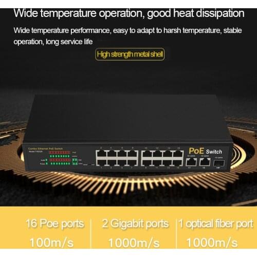 48V POE Switch with 16 100Mbps Ports ethernet switch Fast smart Switch with 2 port 1000M uplink 1 port SFP PoE for Camera/AP