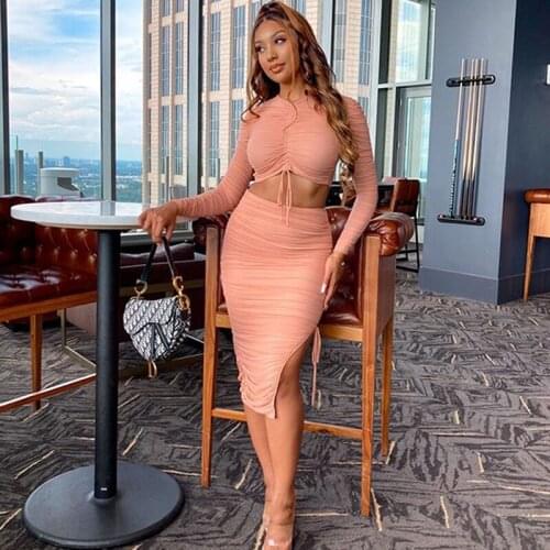 Mesh midi skirt sets ruched autumn 2 piece club outfit pink blue drawstring crop tops long sleeve side split sexy two piece sets