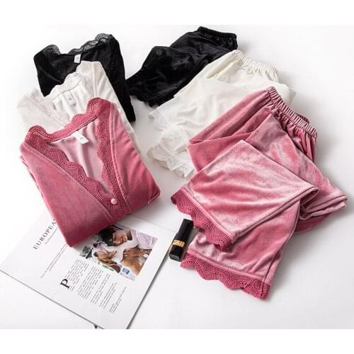 Fdfklak Golden Velvet Ladies Pyjamas Suits Lace Designer Long Sleeve Trousers Pink 2Pcs Pajamas Sets Autumn Winter Homewear