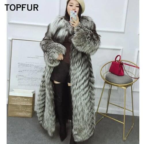 TOPFUR 2018 New Winter Real Fox Fur Coats Women 120 CM X-Long Fashion Silver Fox Fur Outwear O-Neck Luxury Thick Warm Fur Coat