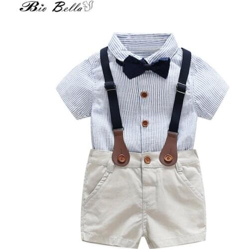 Formal Kids Clothes Toddler Boys Clothing Set Summer Baby Suit Shorts Children Striped Shirt with Bow Tie Costume 0-2 years