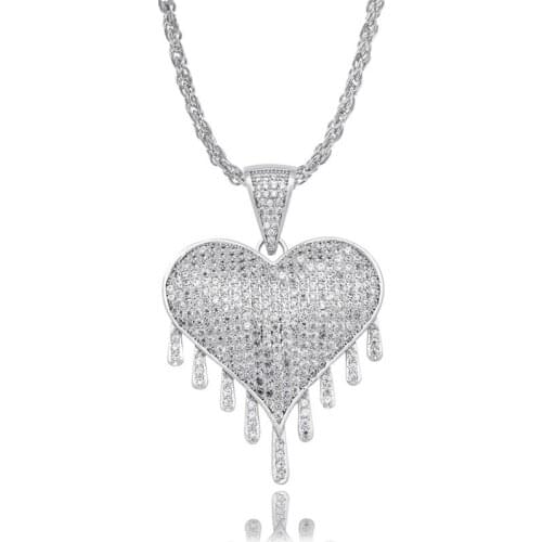 OMYFUN Factory Wholesale Gold-Silver Drip Heart Pendant Necklace Women Men Hip Hop Bling Jewelry CZ Iced Heart Necklace Bijoux