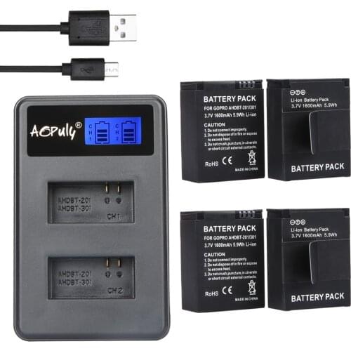 AOPULY 2Pcs ADHBT-301 AHDBT-302 Battery + LCD USB Dual Charger for GoPro Hero3/HERO3+Camera GoPro3 Battery AHDBT 301 AHDBT 302
