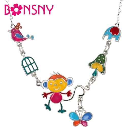Bonsny Original Enamel Alloy Monkey Elephant Bird Necklace Pendant Choker Cartoon Animal Jewelry For Women Girls Teens Gift 2018