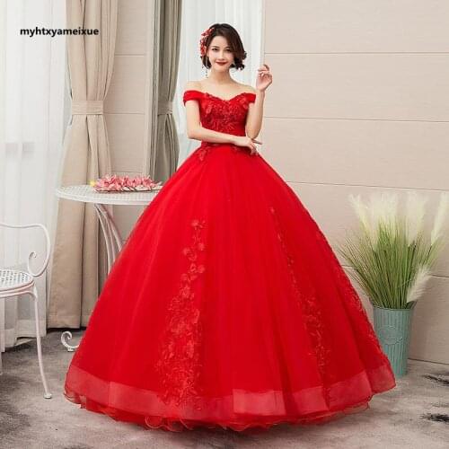 One-line shoulder V-neck 3D applique bridal dress with tie back wedding dress Boho Red Wedding Dress Off Shoulder Wedding Dress