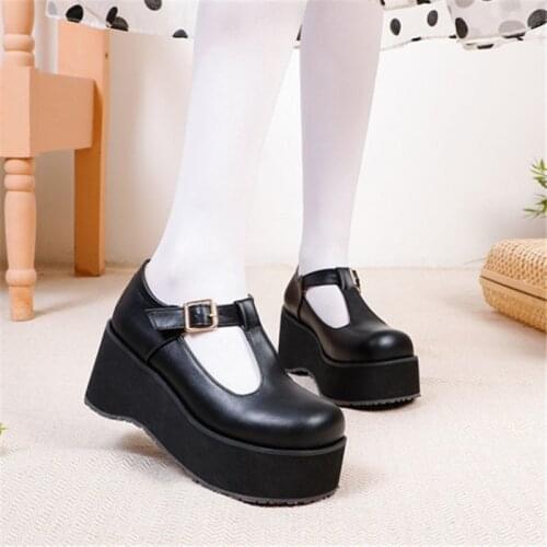 PXELENA JK Japanese Harajuku Women Cosplay Punk Gothic Creepers T tied Chunky Platform Thick Sole LO Shoes Lady Student Pumps 48