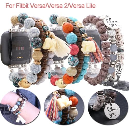 Bohemian Tassle Elephant Natural Beads Watchbands For Fitbit Versa/Versa 2/Versa Lite Smart Watch Handmade Watch Strap Wristband