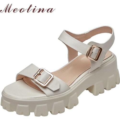 Meotina Shoes Women Natural Genuine Leather Sandals Platform High Heel Sandals Round Toe Thick Lady Footwear Summer Beige 34-43