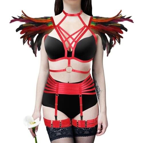 Natural Feathers Tops Sexy Harajuku Elastic Harness Garter Belts Punk Gothic Straps Full Body Lingerie Erotic Suspenders Bondage