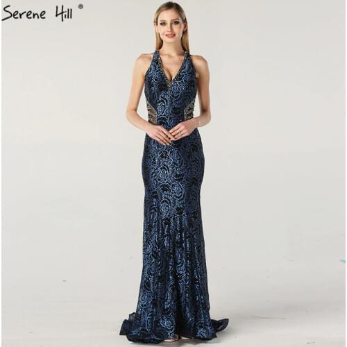 Blue Halter Sleeveless Dubai Design Evening Dresses Real Photo Beading Lace Sexy Evening Gowns 2020 Serene Hill LA60818