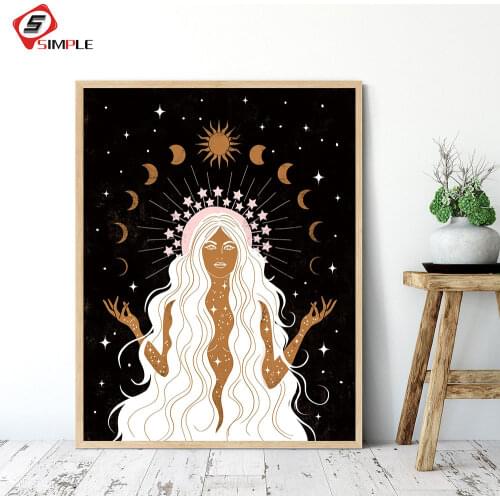 Nordic Summer Solstice Art Drawing Posters and Prints Celestial Stars Moon Magical Sun Wall Pictures for Living Room Home Decor