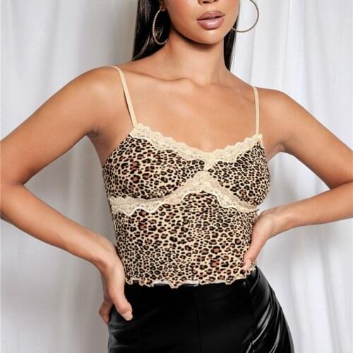 Women Sexy Lace Trim Camisole V-neck Leopard/Zebra Print Y2K Sleeveless Spaghetti Crop Tops Summer E-girls Streetwear
