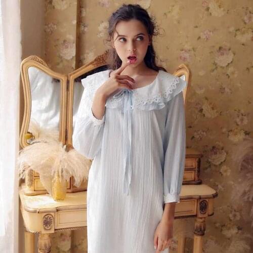 2018 High Quality Women Cute Crepe Cotton Royal Gowns Female Full Sleeve Nightdress Sleepwear Lounge Appael Retro QL81081