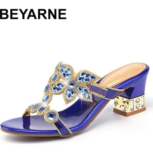 BEYARNE 2021 New Summer Colorful Rhinestone Slipper Square Heels Shoes Woman Fashion Crystal Beach Flip Flops Leisure Sandals