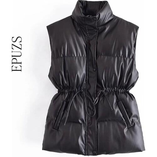 2021 winter PU Faux leather vest jacket women sleeveless thick PU coat streetwear spring winter ZA Waistcoat