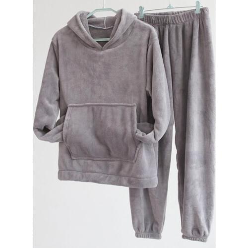 Women Winter Warm Pajamas Set Fleece Hooded Thick Sweatshirt Sleepwear Home Wear