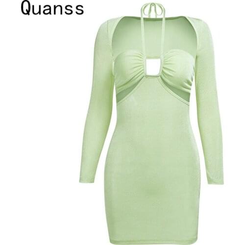 Quanss Womens Halter Cut Out Long Sleeve Bodycon Elegant Mini Dress Female Autumn Fashion Streetwear Club Outfits