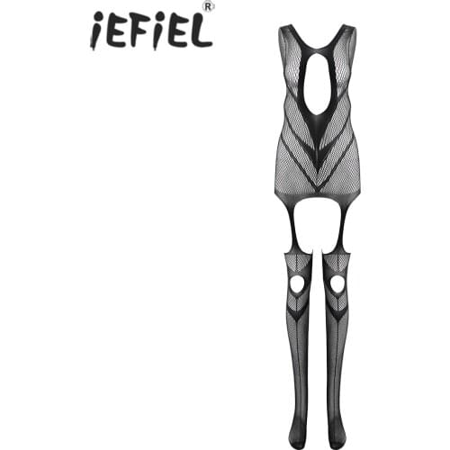 Women Sleeveless See-through Fishnet Bodystocking Hallow Out Crotchless Pantyhose Backless Leotard Erotic Catsuit Bodysuit