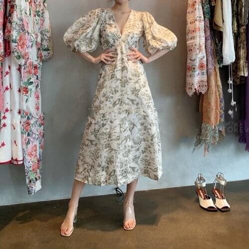 French V-Neck Women Summer Puff Sleeve Vintage Floral Dress Female High Street Slim Dress High Version Casual New Dresses ML162