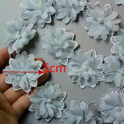 1 yard Blue Polyester Pearl Flower Embroidered Lace Trim Ribbon Fabric Handmade DIY Garment Wedding Dress Sewing Craft